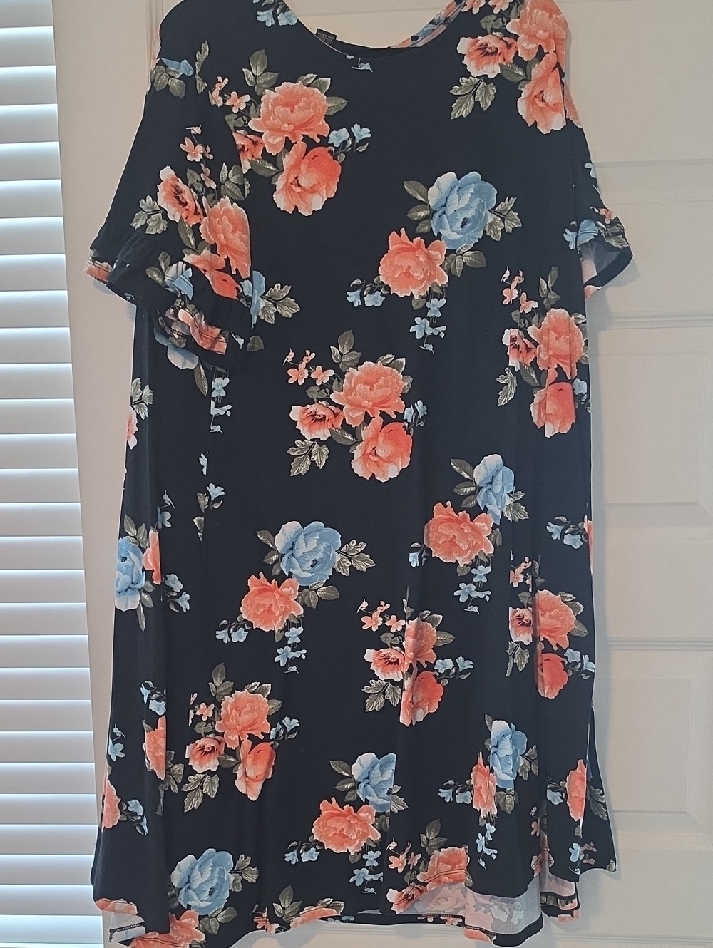 Justify Floral Black Shift Dress with Coral and Blue Blooms